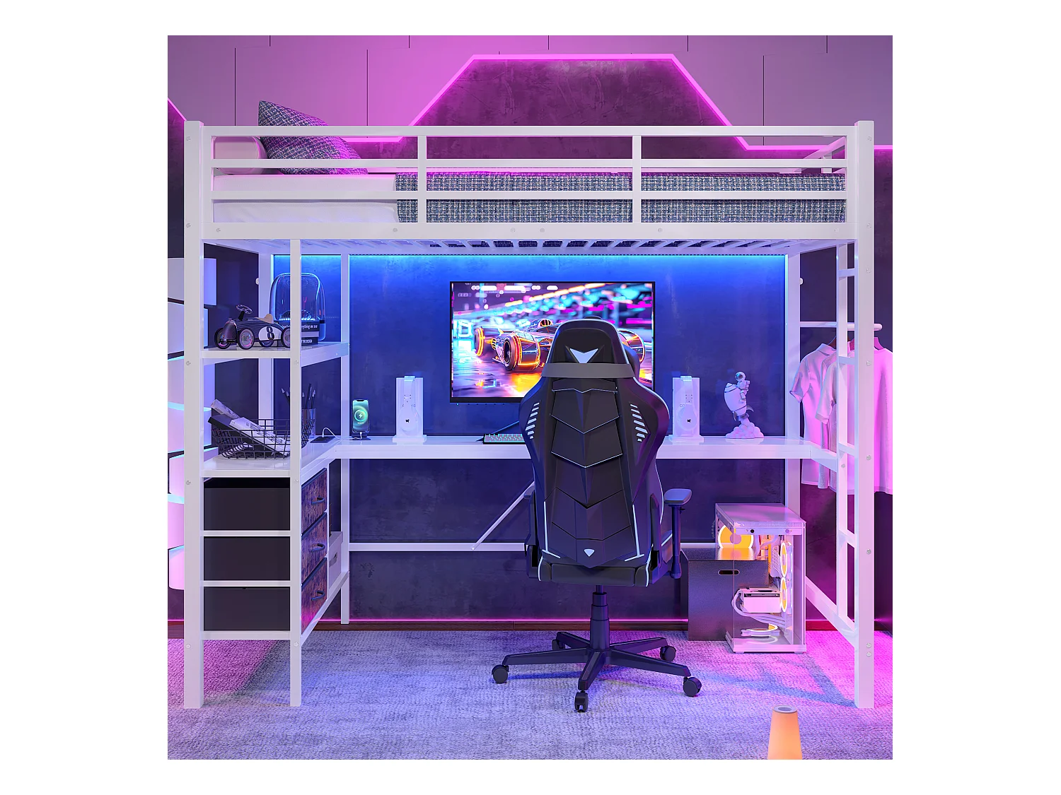 Lit mezzanine pour enfant - 90 x 200 cm - avec Leds + bureau + USB + 3 tiroirs - métal + MDF - blanc