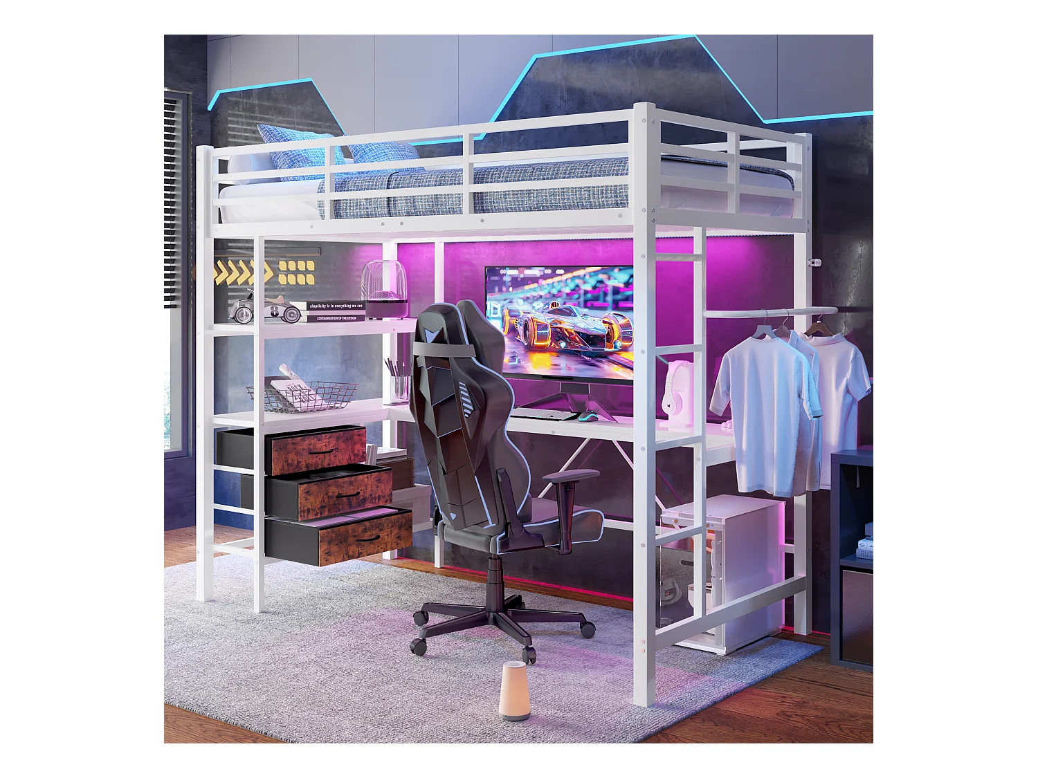 Lit mezzanine pour enfant - 90 x 200 cm - avec Leds + bureau + USB + 3 tiroirs - métal + MDF - blanc