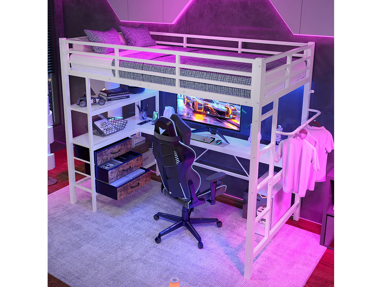 Lit mezzanine pour enfant - 90 x 200 cm - avec Leds + bureau + USB + 3 tiroirs - métal + MDF - blanc