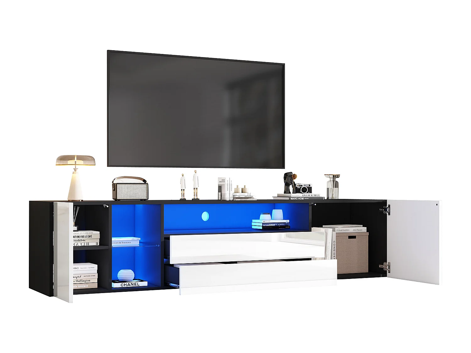 Meuble TV - 180 x 40 x 45 cm - avec Leds + 2 tiroirs + 2 portes - pour TV 75 pouces - Aggloméré + verre trempé - noir