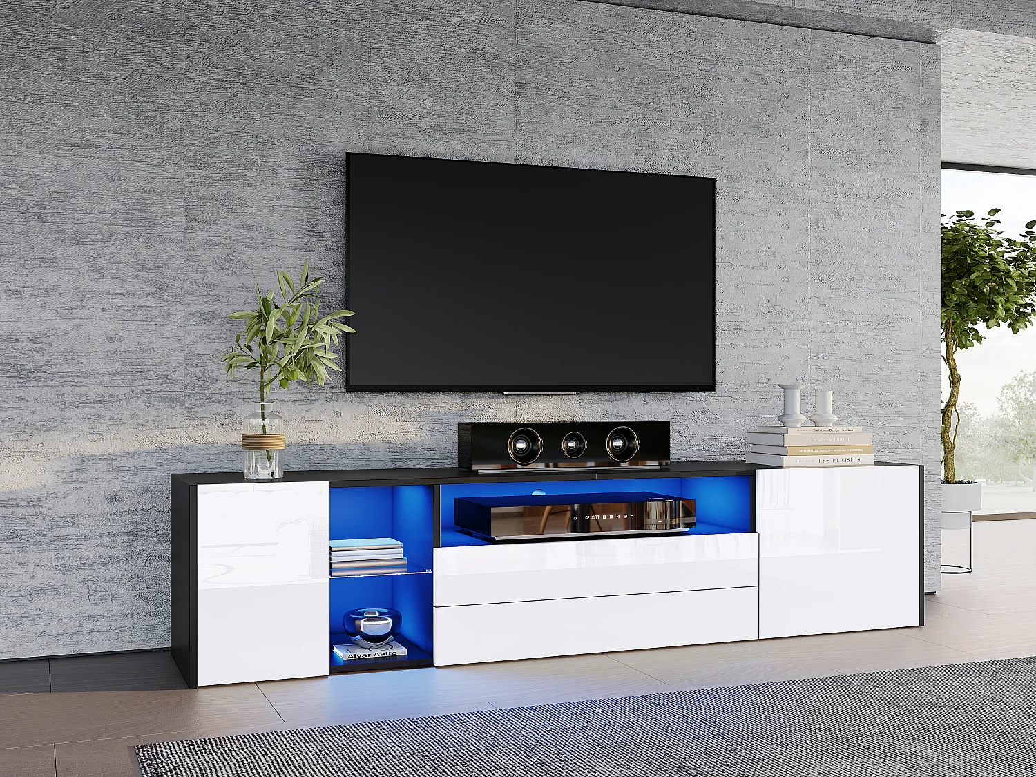 Meuble TV - 180 x 40 x 45 cm - avec Leds + 2 tiroirs + 2 portes - pour TV 75 pouces - Aggloméré + verre trempé - noir
