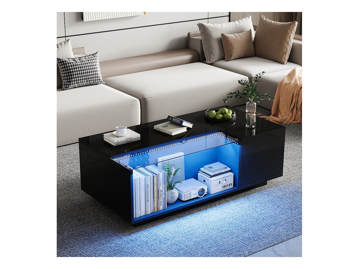 Table basse brillante - 100 x 50 x 35cm - avec Leds - avec rangements + 2 tiroirs - Aggloméré + verre trempé - noir