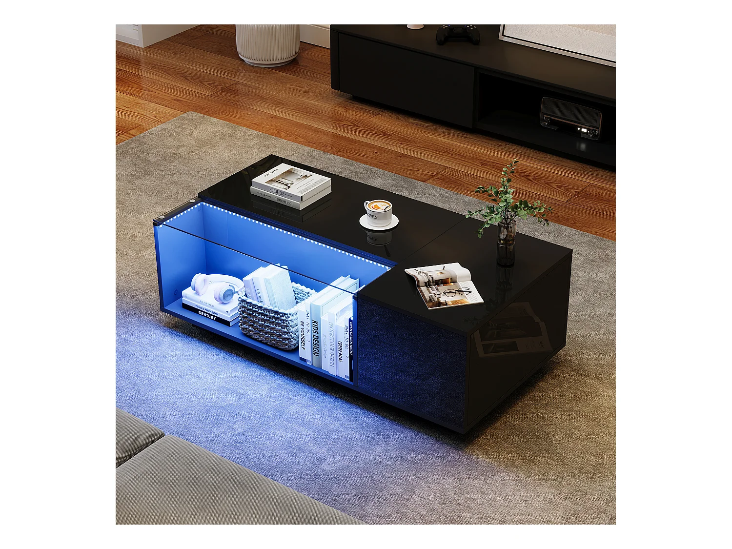 Table basse brillante - 100 x 50 x 35cm - avec Leds - avec rangements + 2 tiroirs - Aggloméré + verre trempé - noir