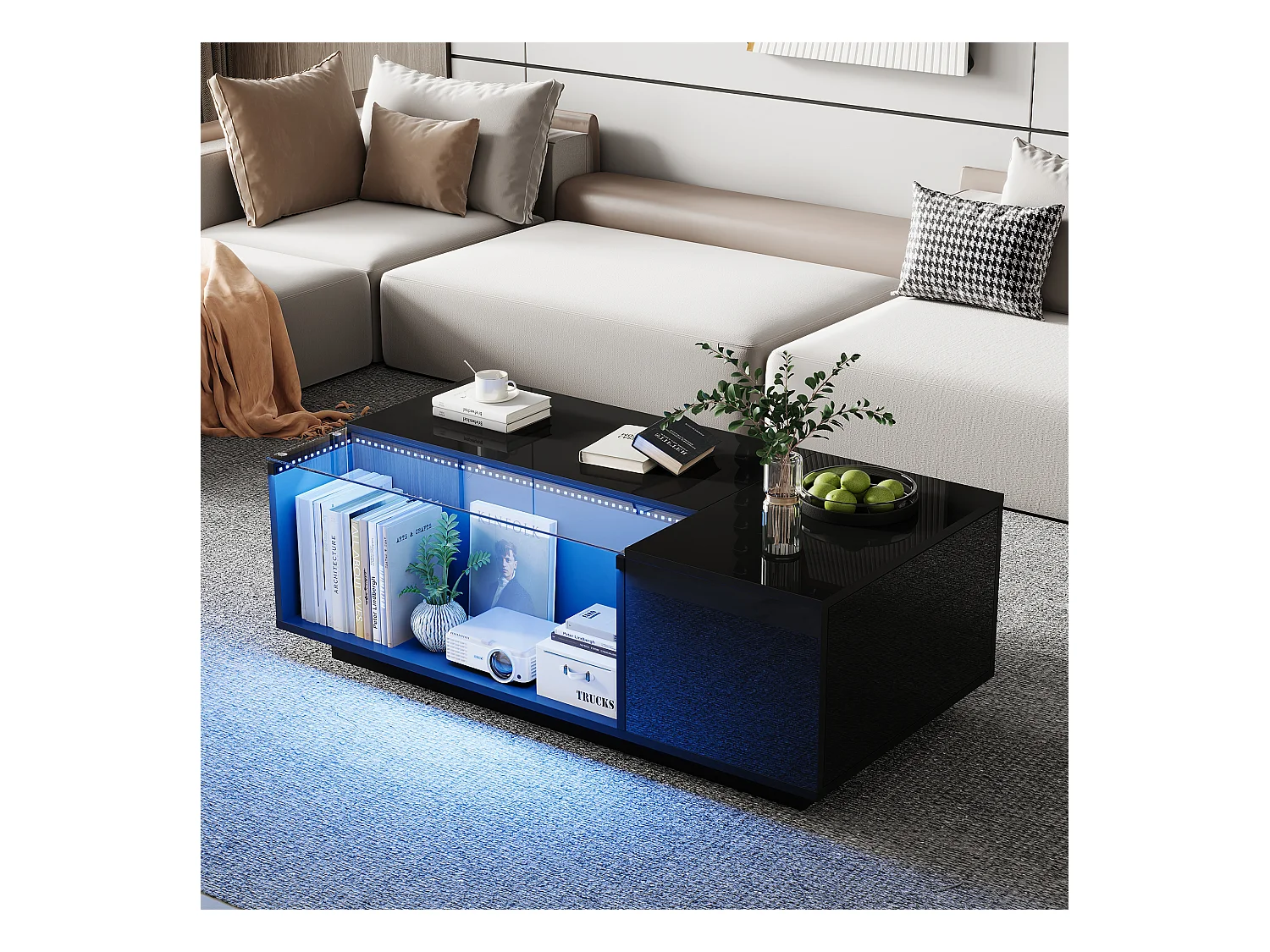 Table basse brillante - 100 x 50 x 35cm - avec Leds - avec rangements + 2 tiroirs - Aggloméré + verre trempé - noir