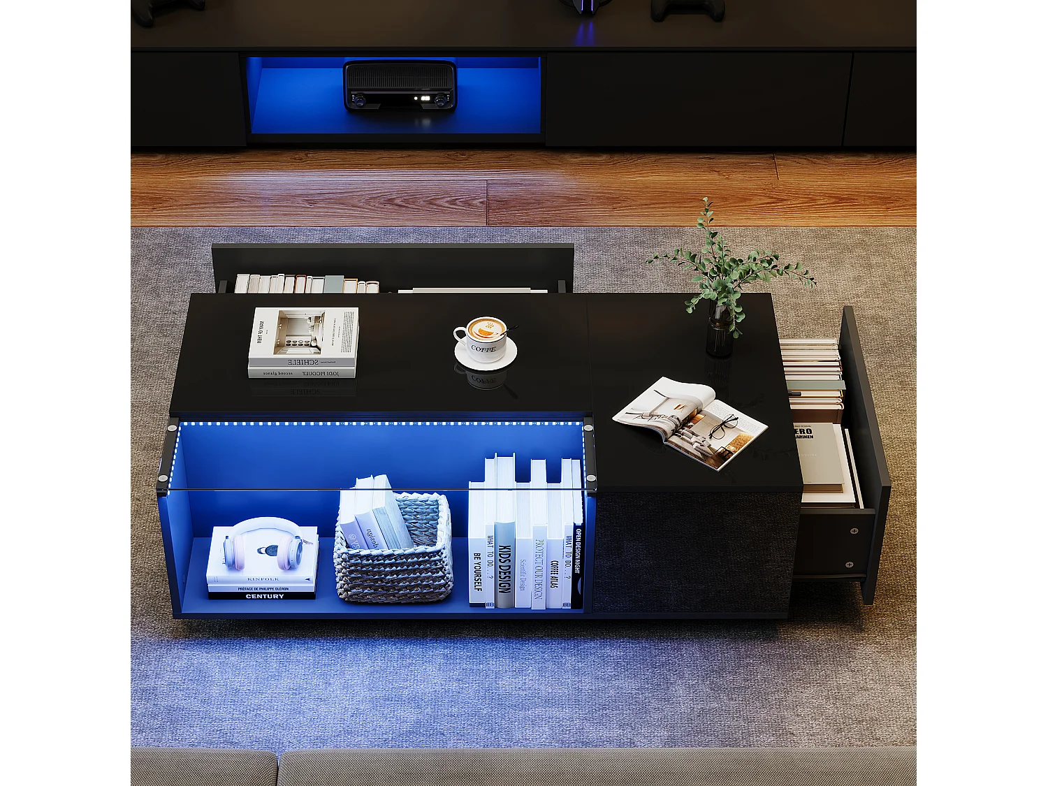 Table basse brillante - 100 x 50 x 35cm - avec Leds - avec rangements + 2 tiroirs - Aggloméré + verre trempé - noir