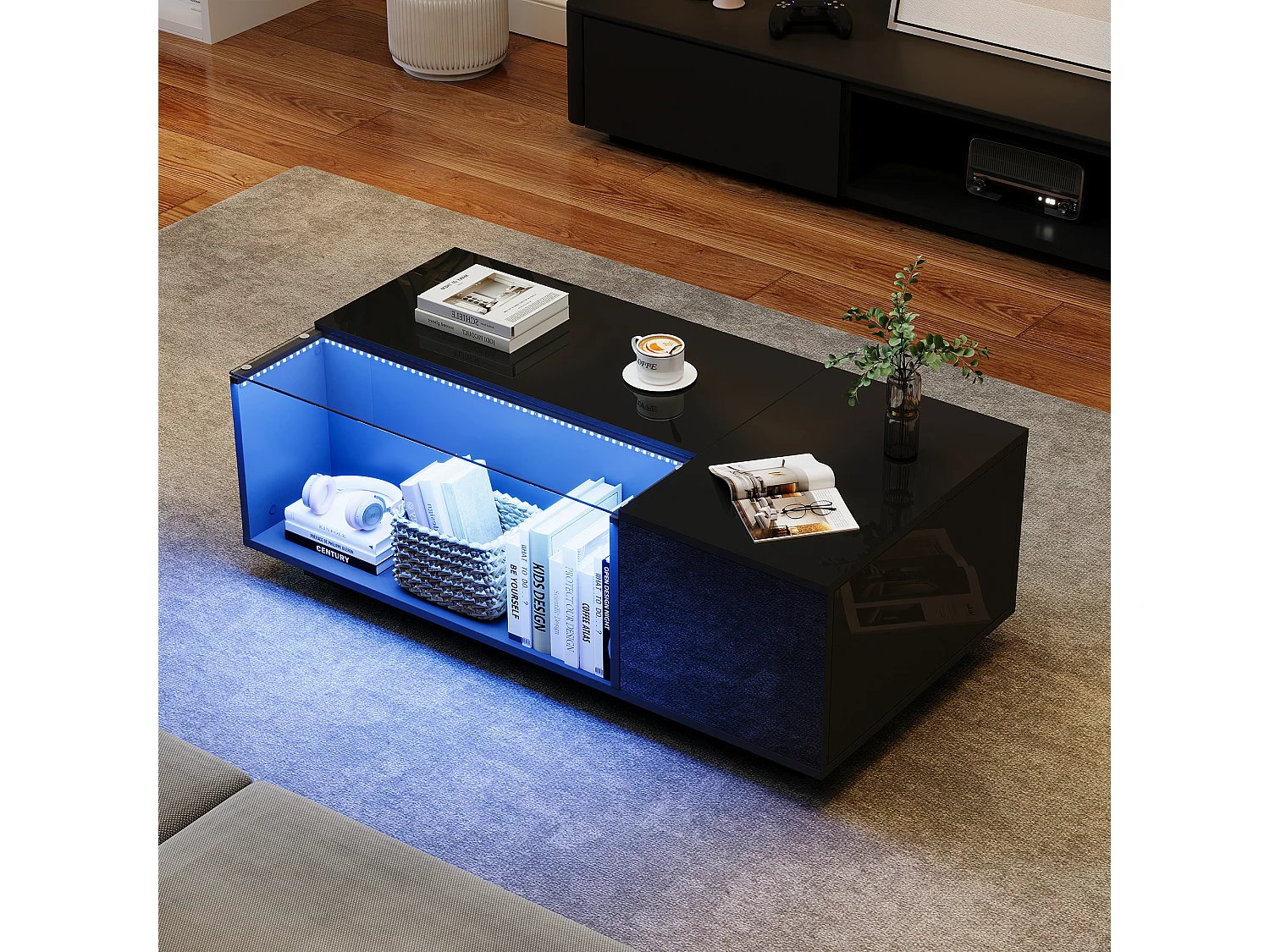 Table basse brillante - 100 x 50 x 35cm - avec Leds - avec rangements + 2 tiroirs - Aggloméré + verre trempé - noir