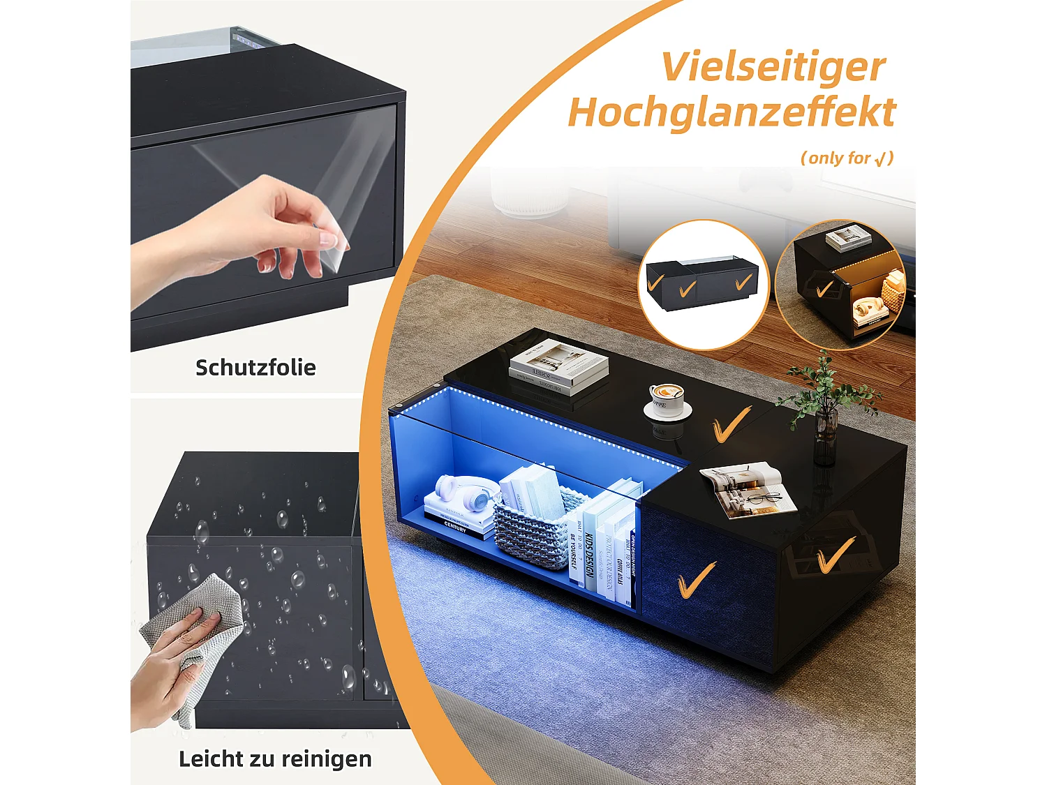 Table basse brillante - 100 x 50 x 35cm - avec Leds - avec rangements + 2 tiroirs - Aggloméré + verre trempé - noir