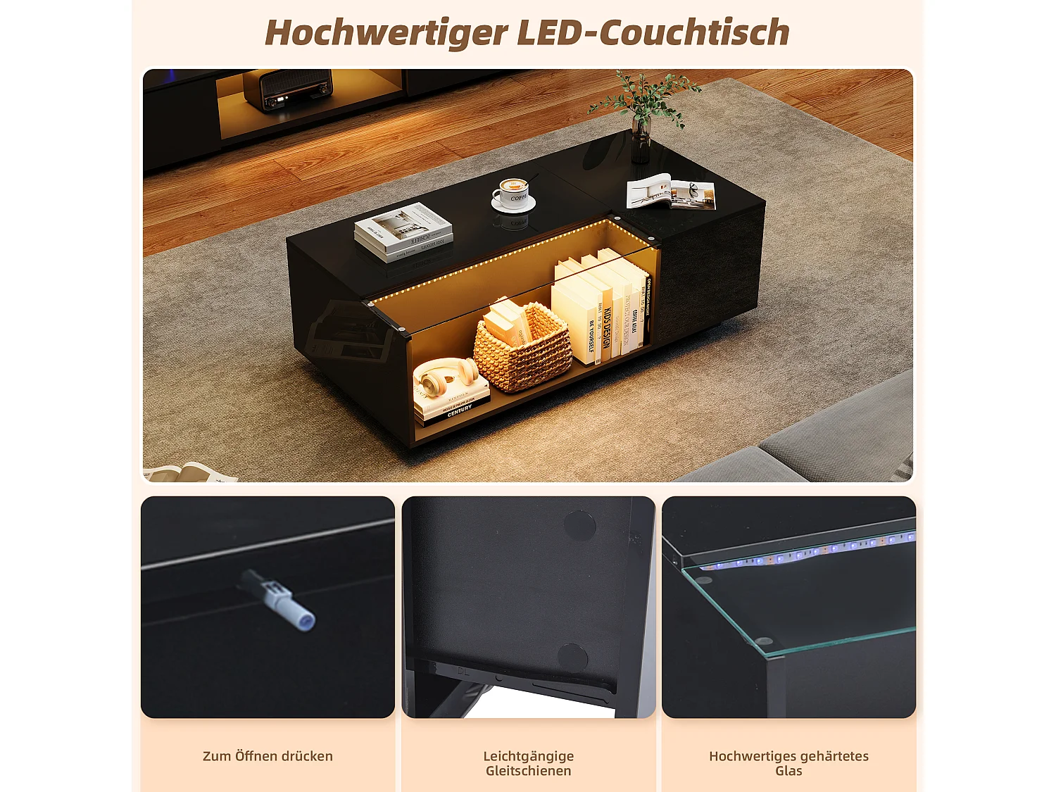 Table basse brillante - 100 x 50 x 35cm - avec Leds - avec rangements + 2 tiroirs - Aggloméré + verre trempé - noir