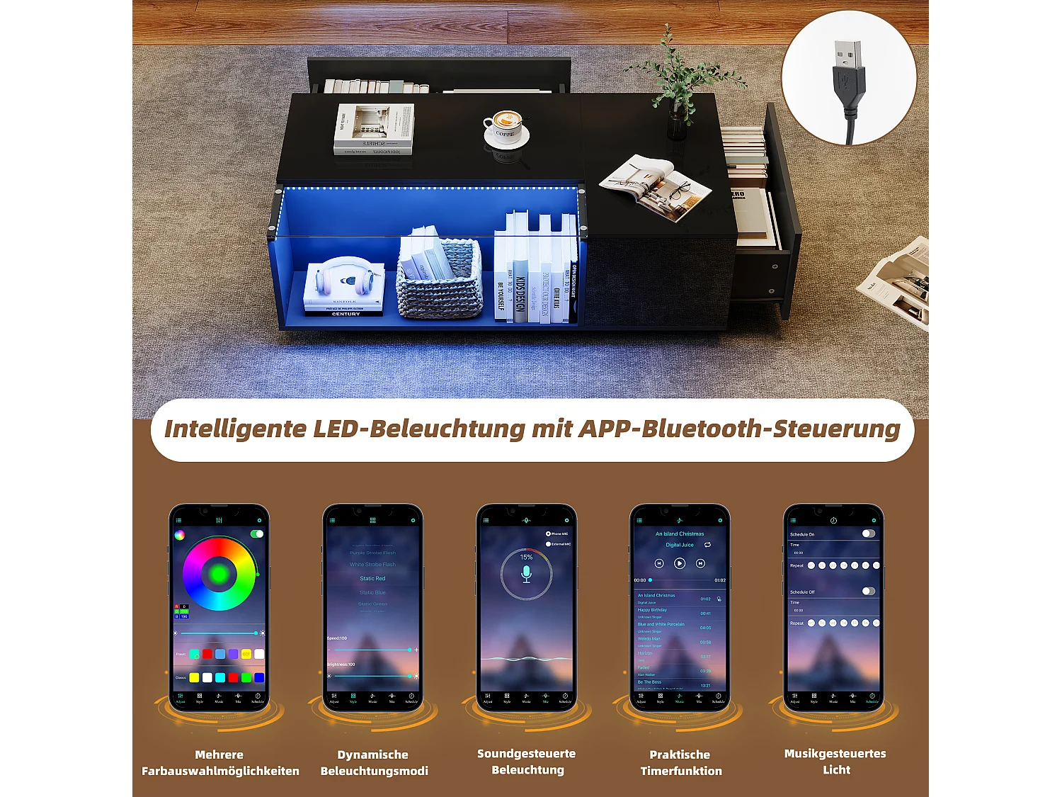 Table basse brillante - 100 x 50 x 35cm - avec Leds - avec rangements + 2 tiroirs - Aggloméré + verre trempé - noir