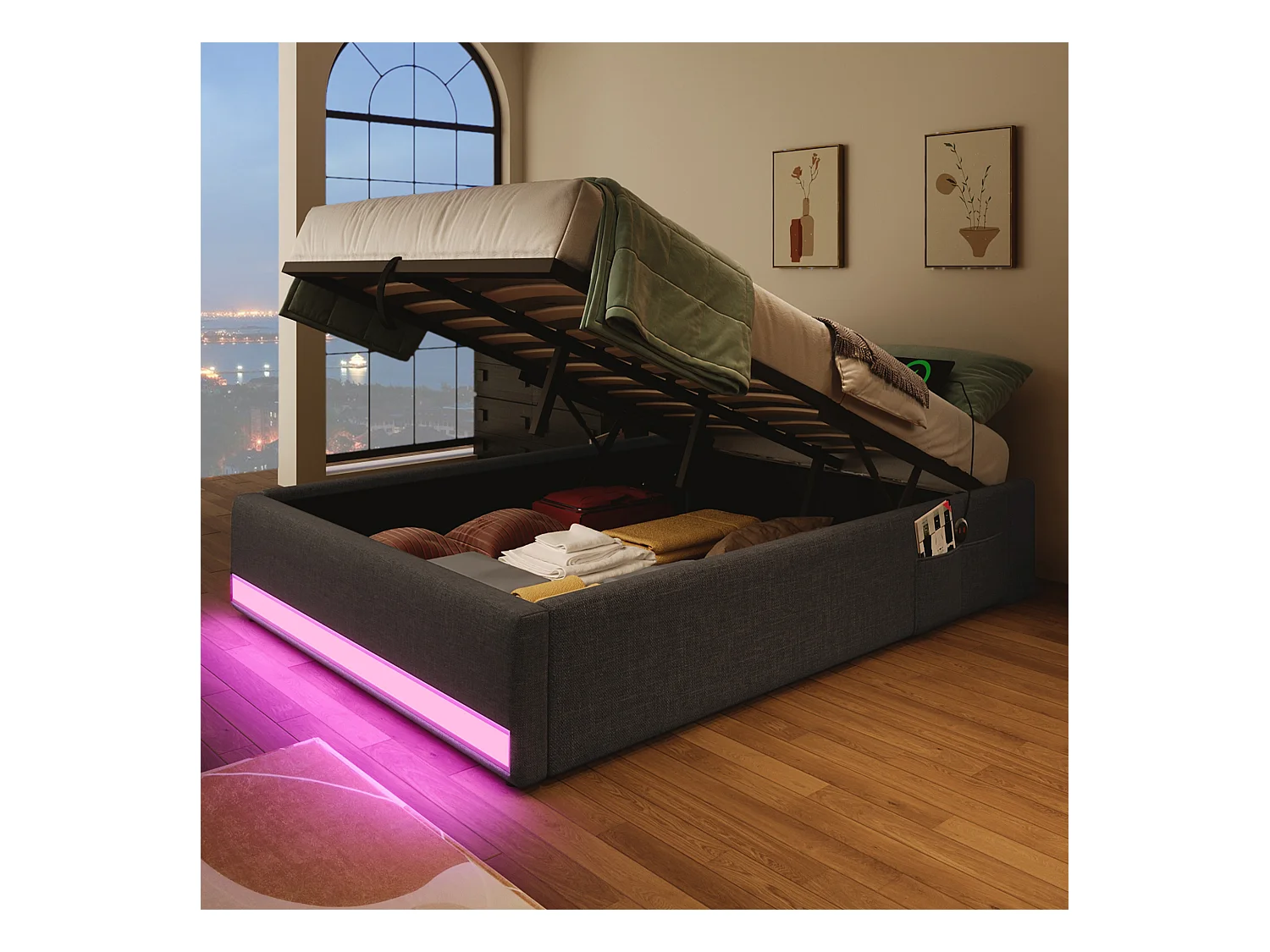 Lit coffre rembourré - 90 x 200 cm - avec Leds +  USB + Type-C - sans tête de lit - lin + MDF - gris