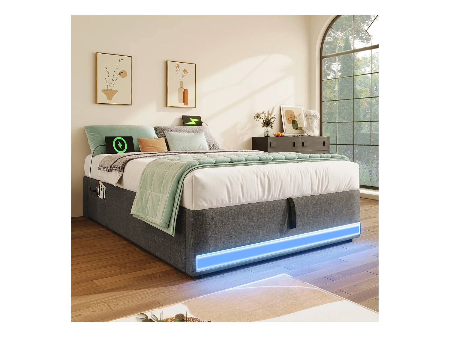 Lit coffre rembourré - 90 x 200 cm - avec Leds +  USB + Type-C - sans tête de lit - lin + MDF - gris