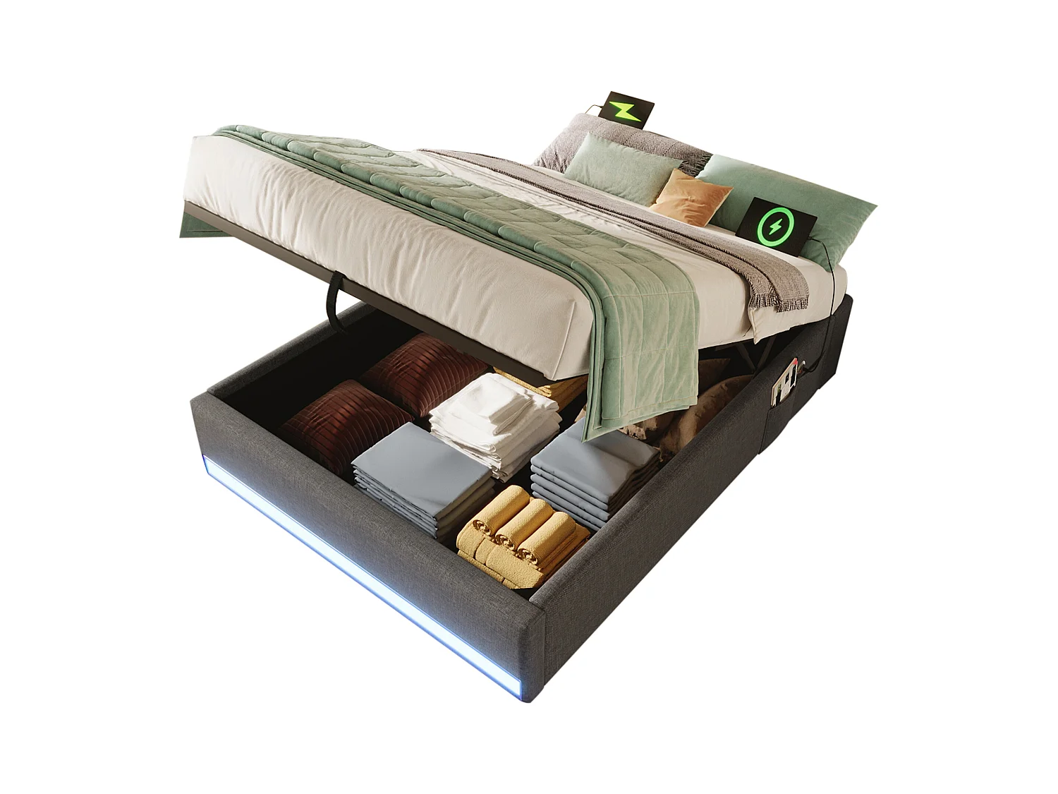 Lit coffre rembourré - 90 x 200 cm - avec Leds +  USB + Type-C - sans tête de lit - lin + MDF - gris