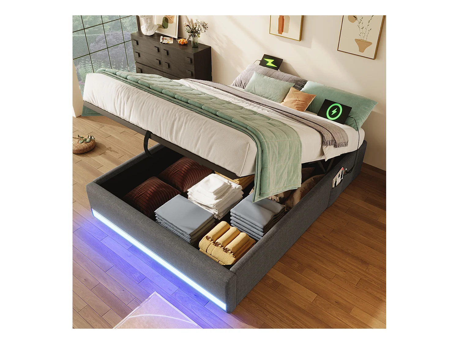 Lit coffre rembourré - 90 x 200 cm - avec Leds +  USB + Type-C - sans tête de lit - lin + MDF - gris