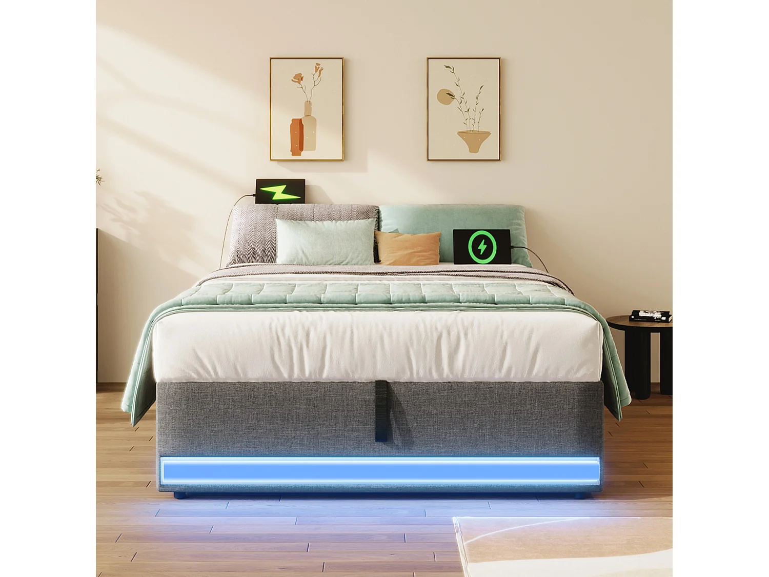 Lit coffre rembourré - 90 x 200 cm - avec Leds +  USB + Type-C - sans tête de lit - lin + MDF - gris