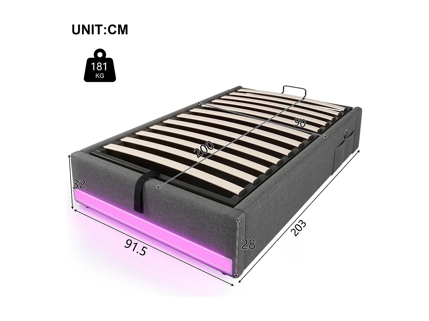 Lit coffre rembourré - 90 x 200 cm - avec Leds +  USB + Type-C - sans tête de lit - lin + MDF - gris