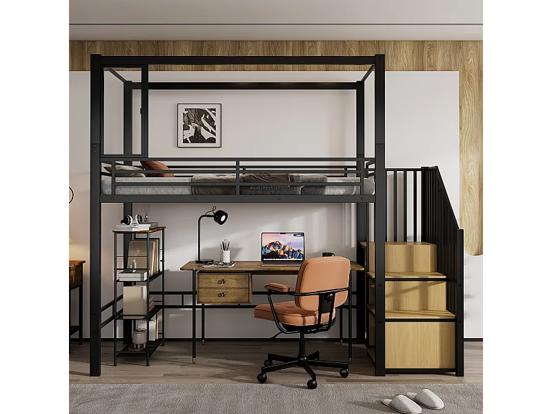 Lit mezzanine enfant en métal - 90 x 200 cm - avec armoire + rangements dans l'eacalierre + bureau - Métal + MDF - noir