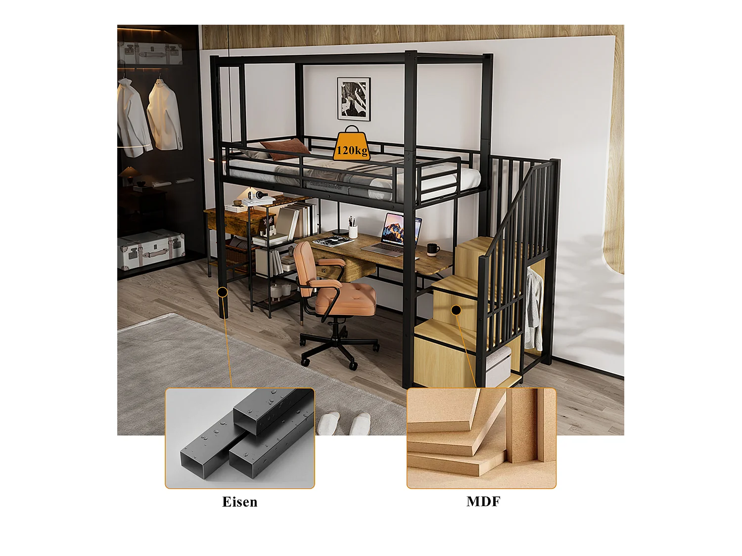 Lit mezzanine enfant en métal - 90 x 200 cm - avec armoire + rangements dans l'eacalierre + bureau - Métal + MDF - noir
