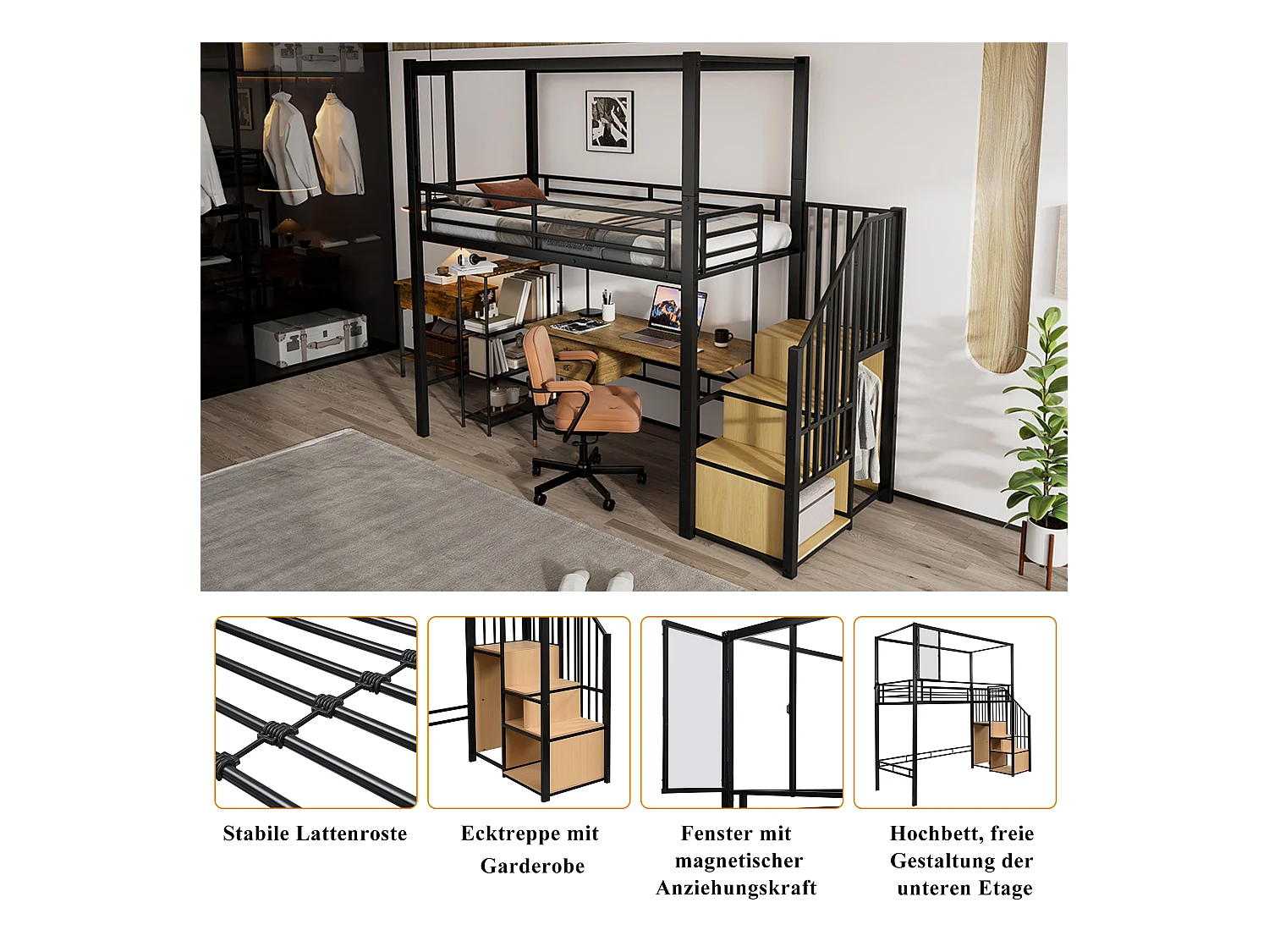 Lit mezzanine enfant en métal - 90 x 200 cm - avec armoire + rangements dans l'eacalierre + bureau - Métal + MDF - noir