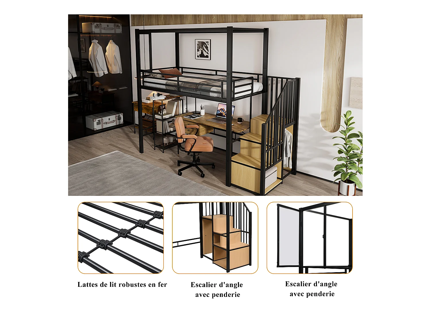 Lit mezzanine enfant en métal - 90 x 200 cm - avec armoire + rangements dans l'eacalierre + bureau - Métal + MDF - noir