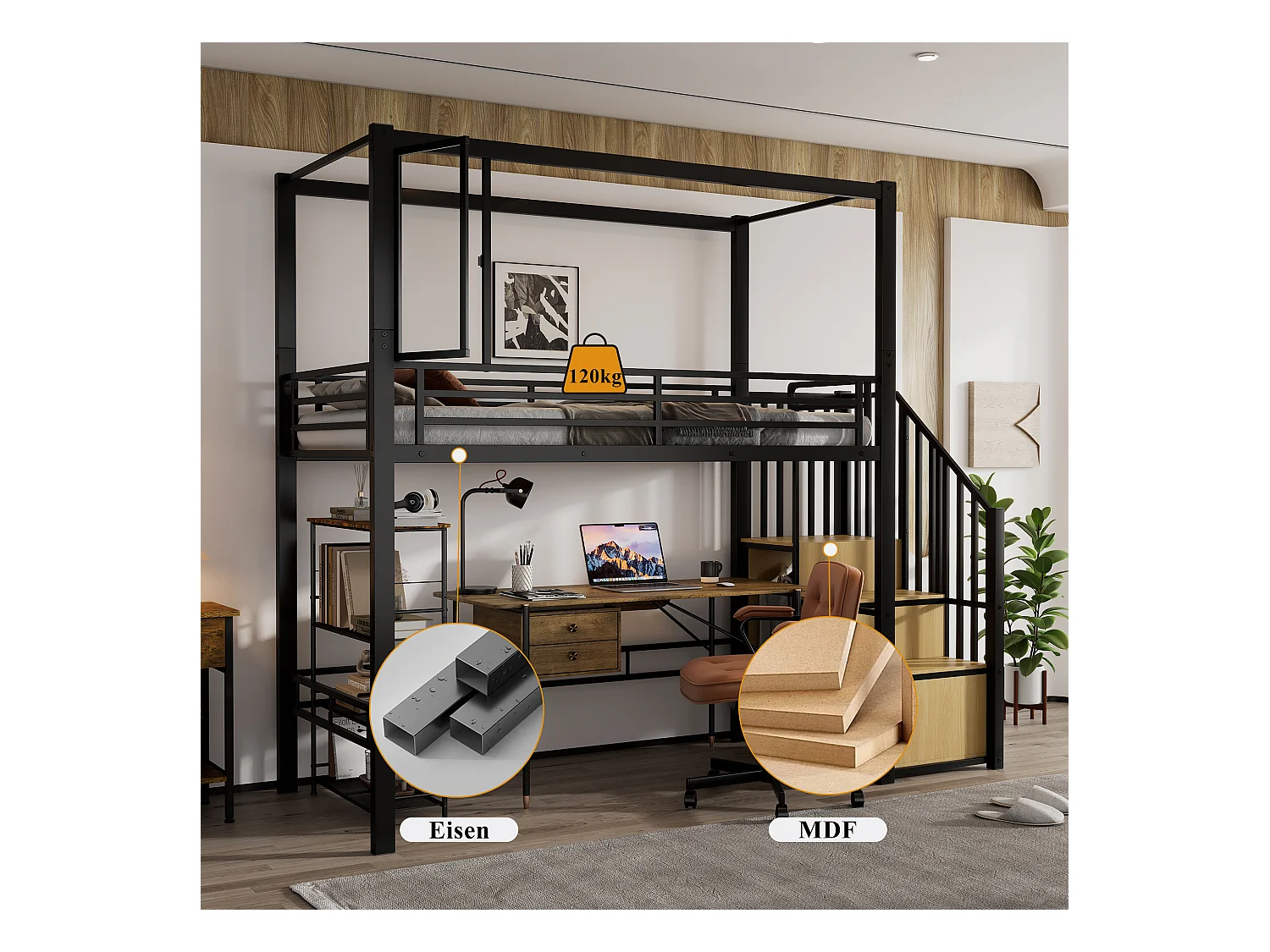 Lit mezzanine enfant en métal - 90 x 200 cm - avec armoire + rangements dans l'eacalierre + bureau - Métal + MDF - noir