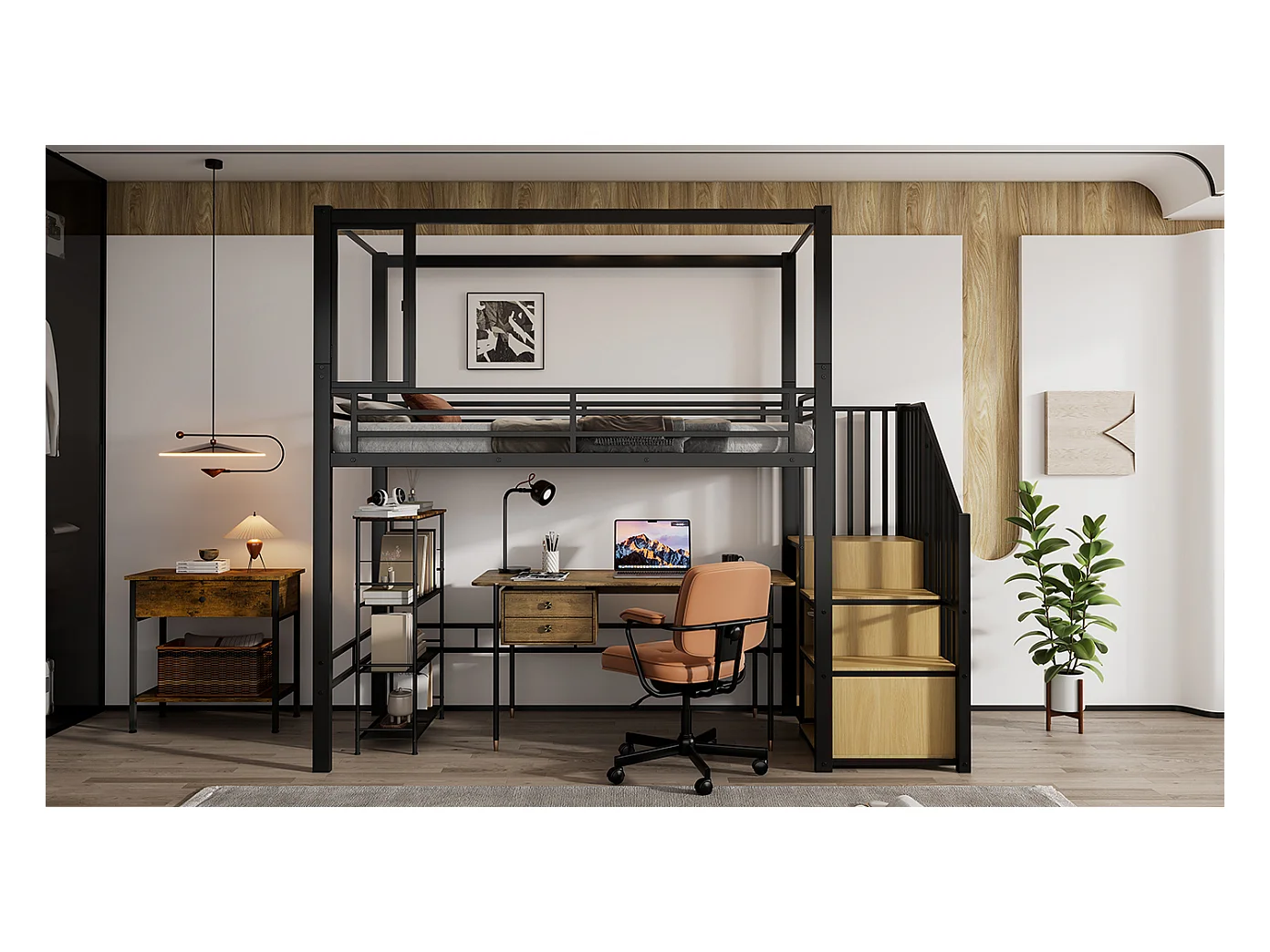Lit mezzanine enfant en métal - 90 x 200 cm - avec armoire + rangements dans l'eacalierre + bureau - Métal + MDF - noir