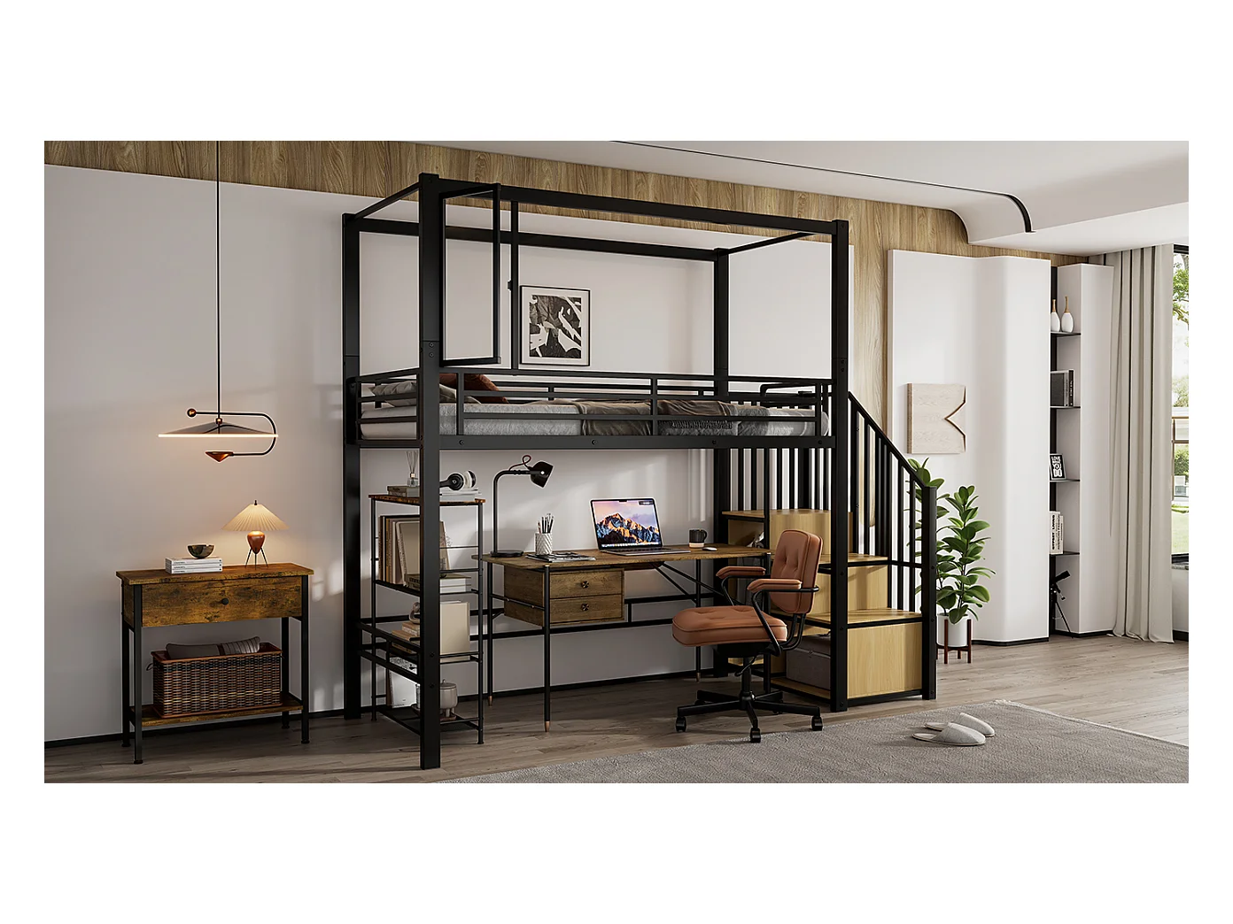 Lit mezzanine enfant en métal - 90 x 200 cm - avec armoire + rangements dans l'eacalierre + bureau - Métal + MDF - noir