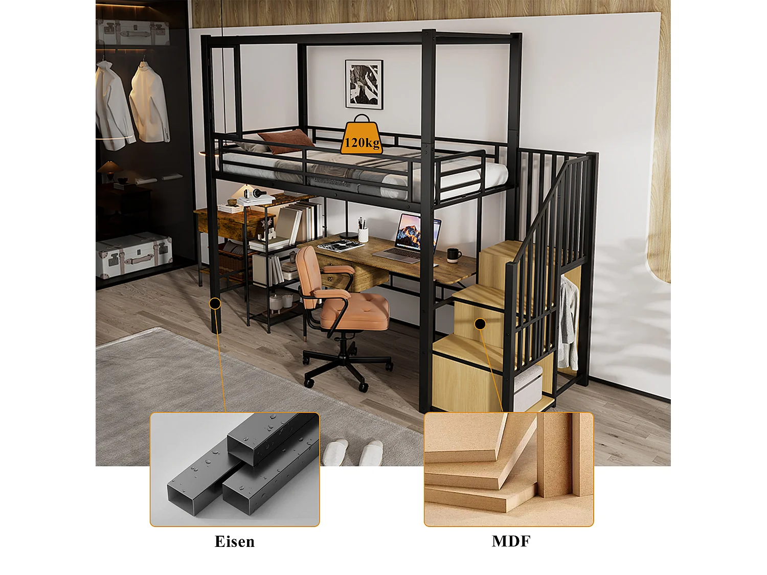 Kinderhoogslaper van metaal - 90 x 200 cm - met kledingkast + opbergruimte in de trap + bureau - Metaal + MDF - zwart