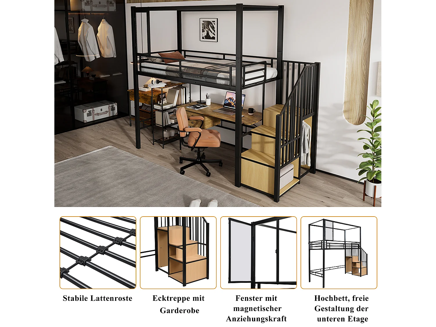 Kinderhoogslaper van metaal - 90 x 200 cm - met kledingkast + opbergruimte in de trap + bureau - Metaal + MDF - zwart