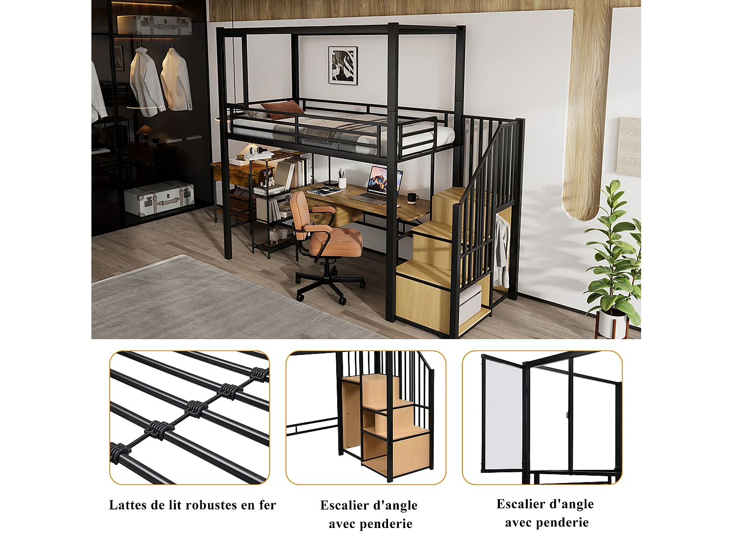 Kinderhoogslaper van metaal - 90 x 200 cm - met kledingkast + opbergruimte in de trap + bureau - Metaal + MDF - zwart