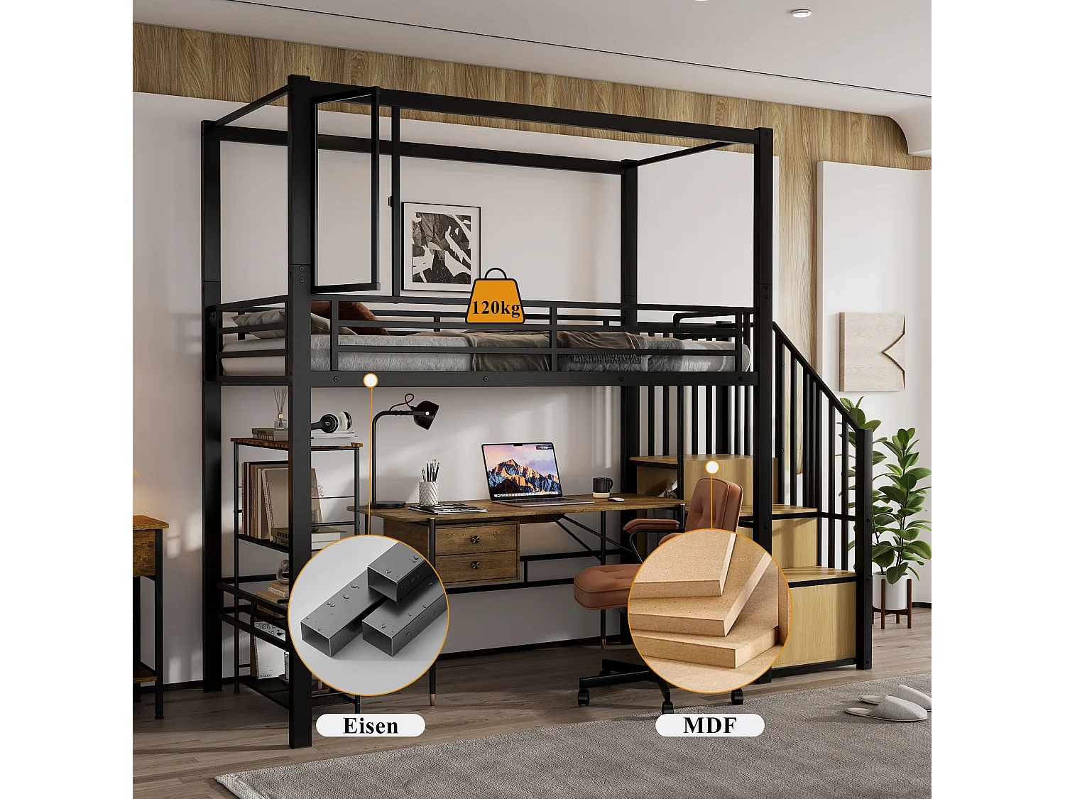 Kinderhoogslaper van metaal - 90 x 200 cm - met kledingkast + opbergruimte in de trap + bureau - Metaal + MDF - zwart