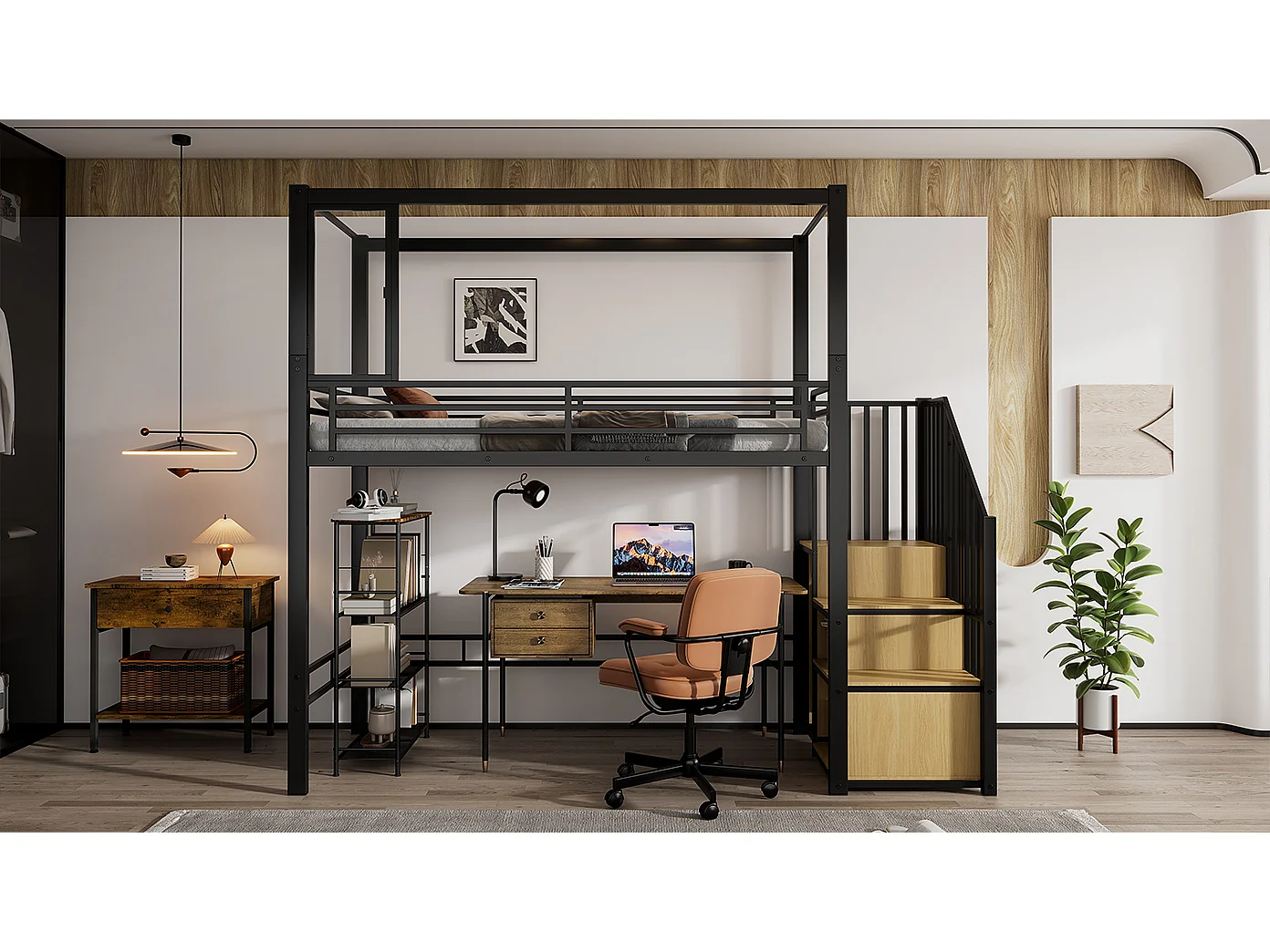 Kinderhoogslaper van metaal - 90 x 200 cm - met kledingkast + opbergruimte in de trap + bureau - Metaal + MDF - zwart
