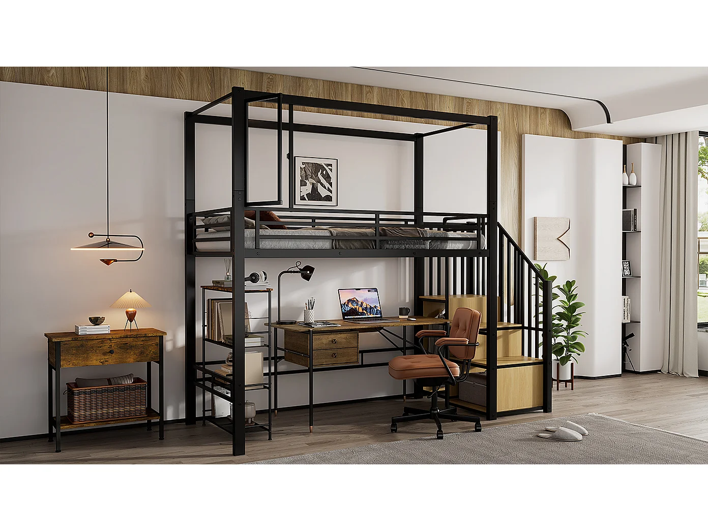 Kinderhoogslaper van metaal - 90 x 200 cm - met kledingkast + opbergruimte in de trap + bureau - Metaal + MDF - zwart