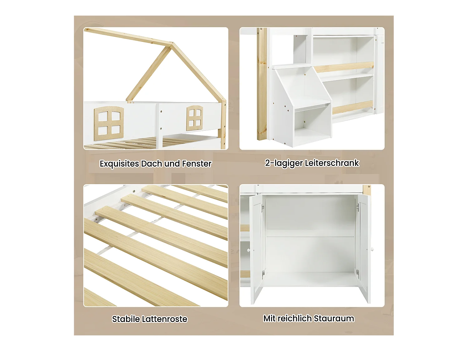 Lit mezzanine enfant - 90 x 200 cm - avec rangements + armoire + toit + fenêtre  - MDF + aggloméré - blanc + naturel