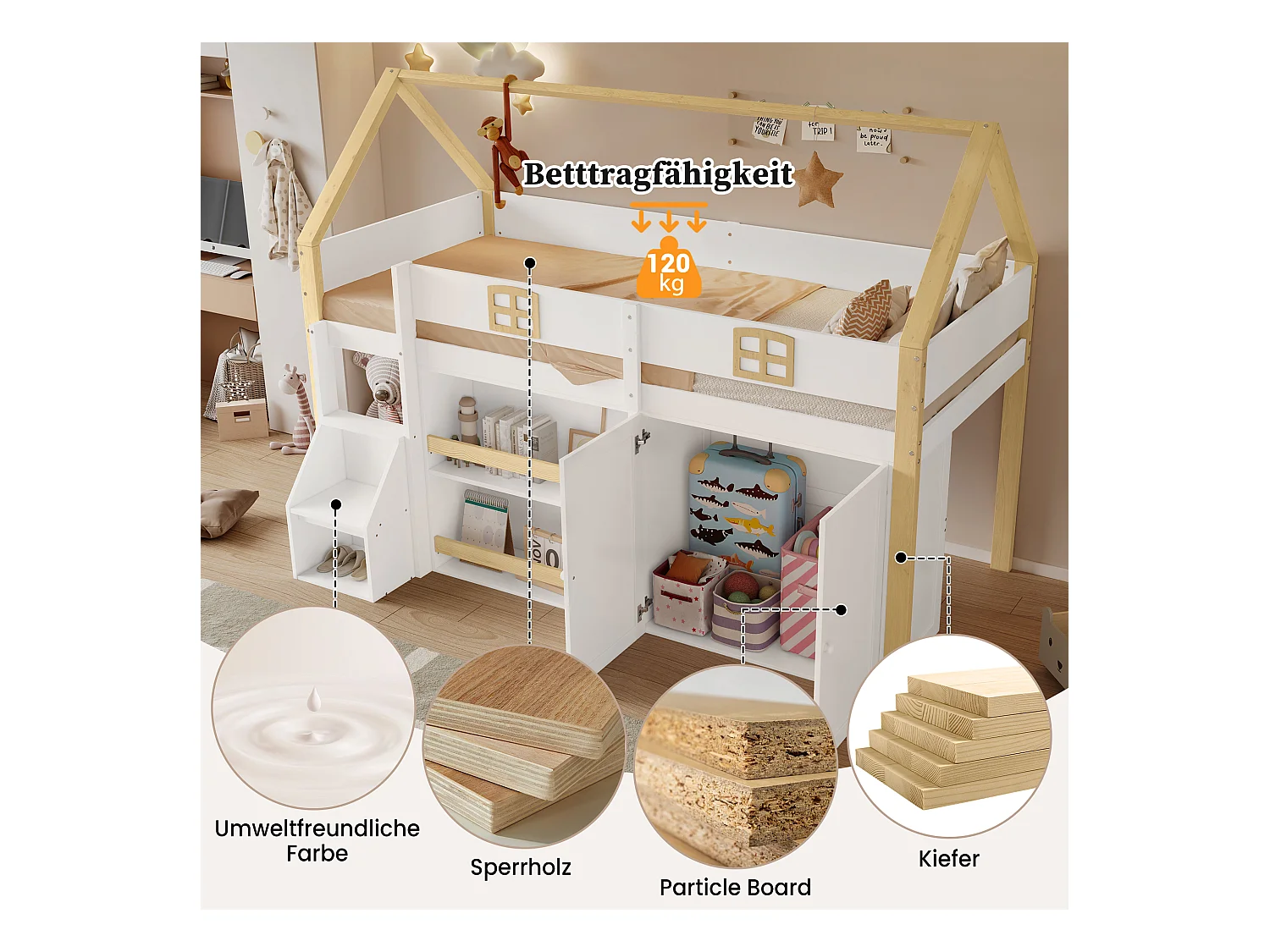 Lit mezzanine enfant - 90 x 200 cm - avec rangements + armoire + toit + fenêtre  - MDF + aggloméré - blanc + naturel