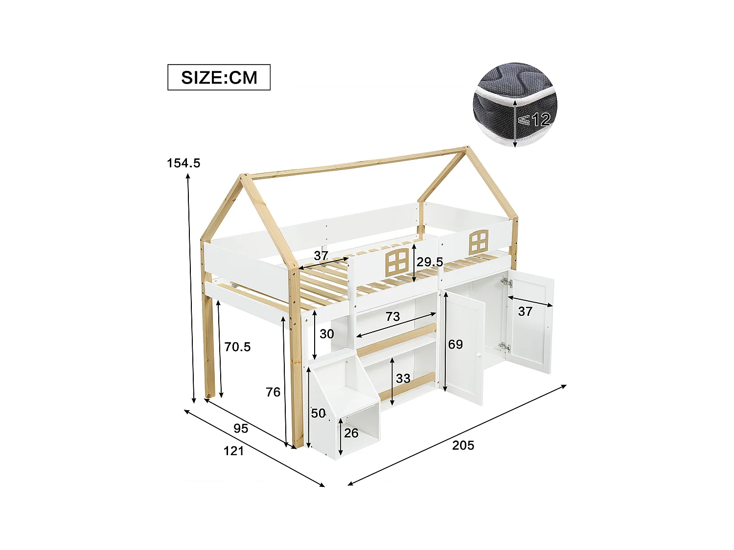 Lit mezzanine enfant - 90 x 200 cm - avec rangements + armoire + toit + fenêtre  - MDF + aggloméré - blanc + naturel