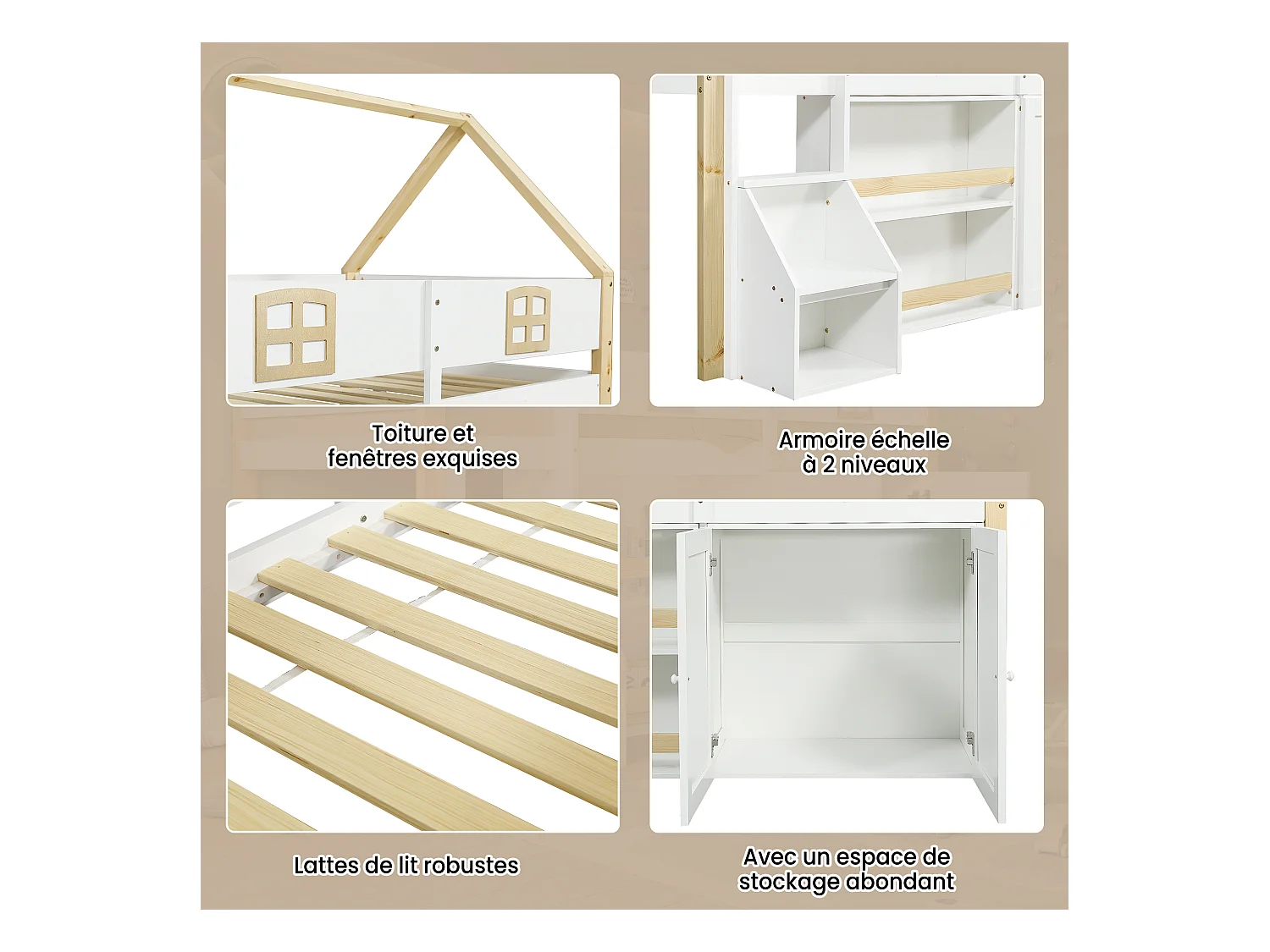 Lit mezzanine enfant - 90 x 200 cm - avec rangements + armoire + toit + fenêtre  - MDF + aggloméré - blanc + naturel