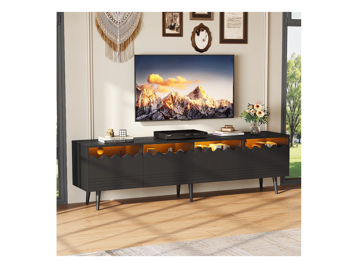 Meuble TV - 176 x 38 x 45 cm - avec Leds + 2 tiroirs + 2 portes - pour TV 75 pouces - Aggloméré + verre trempé - noir