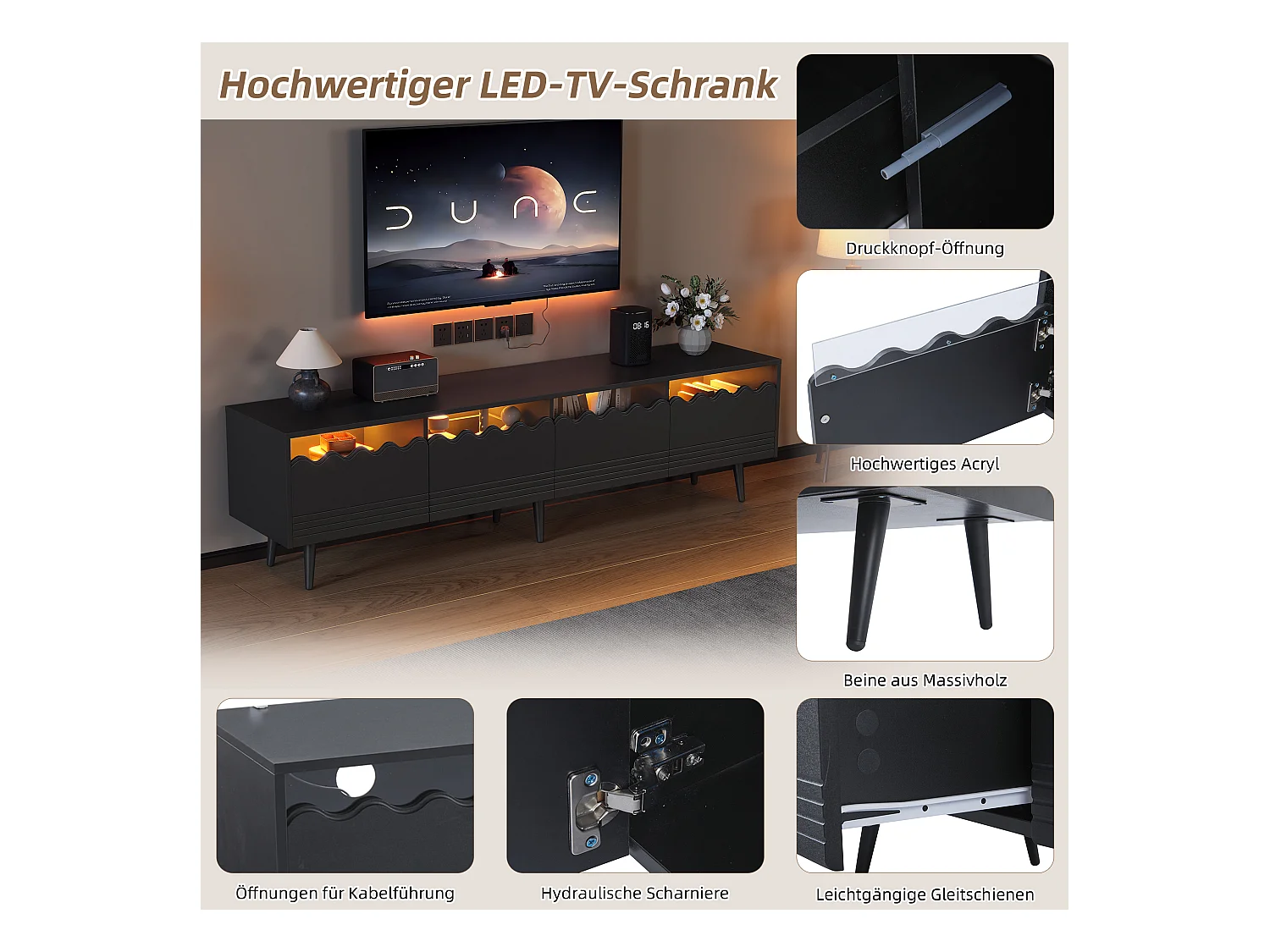 Meuble TV - 176 x 38 x 45 cm - avec Leds + 2 tiroirs + 2 portes - pour TV 75 pouces - Aggloméré + verre trempé - noir