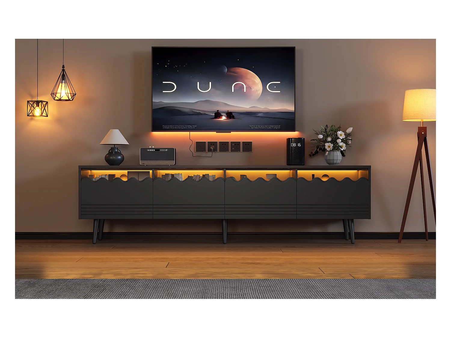 Meuble TV - 176 x 38 x 45 cm - avec Leds + 2 tiroirs + 2 portes - pour TV 75 pouces - Aggloméré + verre trempé - noir