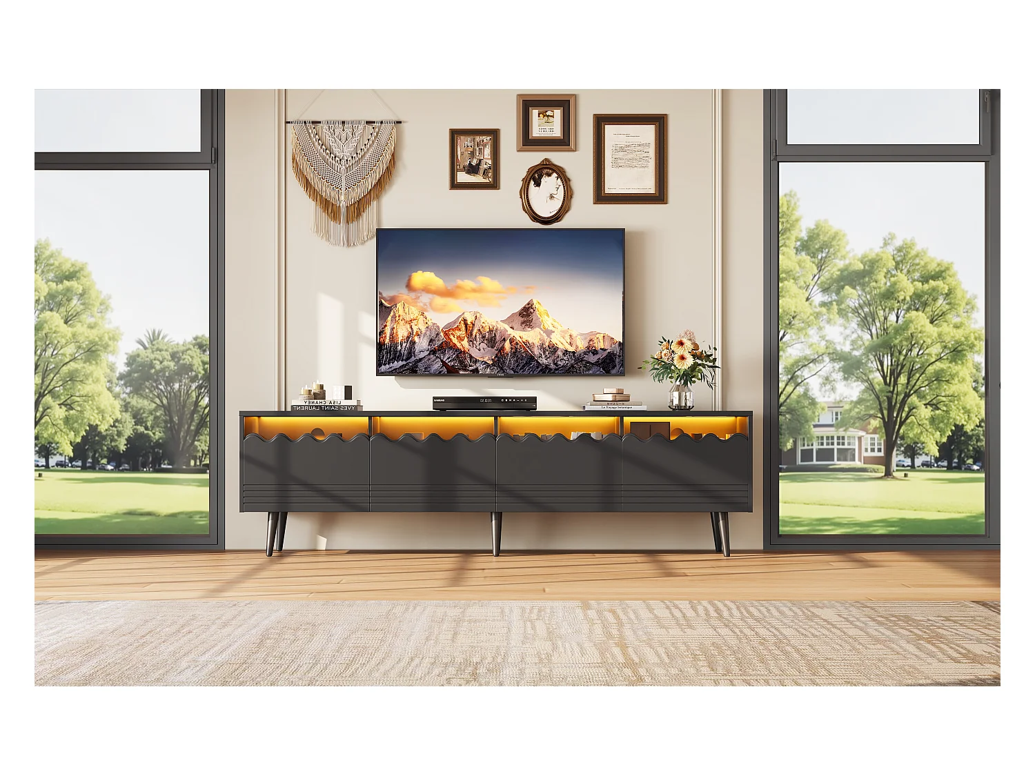 Meuble TV - 176 x 38 x 45 cm - avec Leds + 2 tiroirs + 2 portes - pour TV 75 pouces - Aggloméré + verre trempé - noir