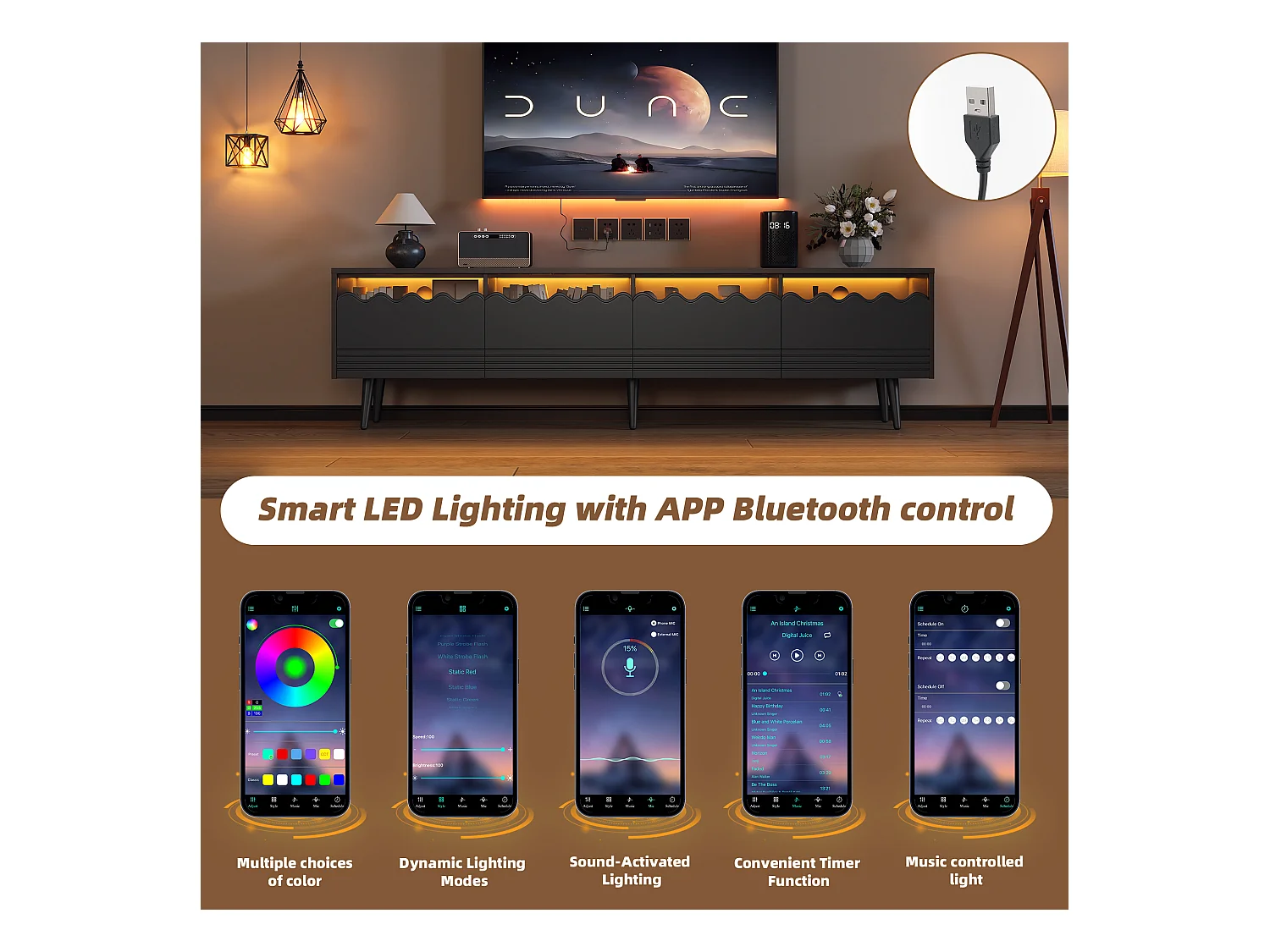 Meuble TV - 176 x 38 x 45 cm - avec Leds + 2 tiroirs + 2 portes - pour TV 75 pouces - Aggloméré + verre trempé - noir