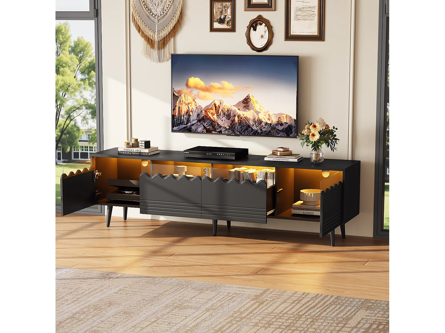 Mueble de TV - 176 x 38 x 45 cm - con LEDs + 2 cajones + 2 puertas - para TV de 75 pulgadas - Aglomerado + cristal templado - negro