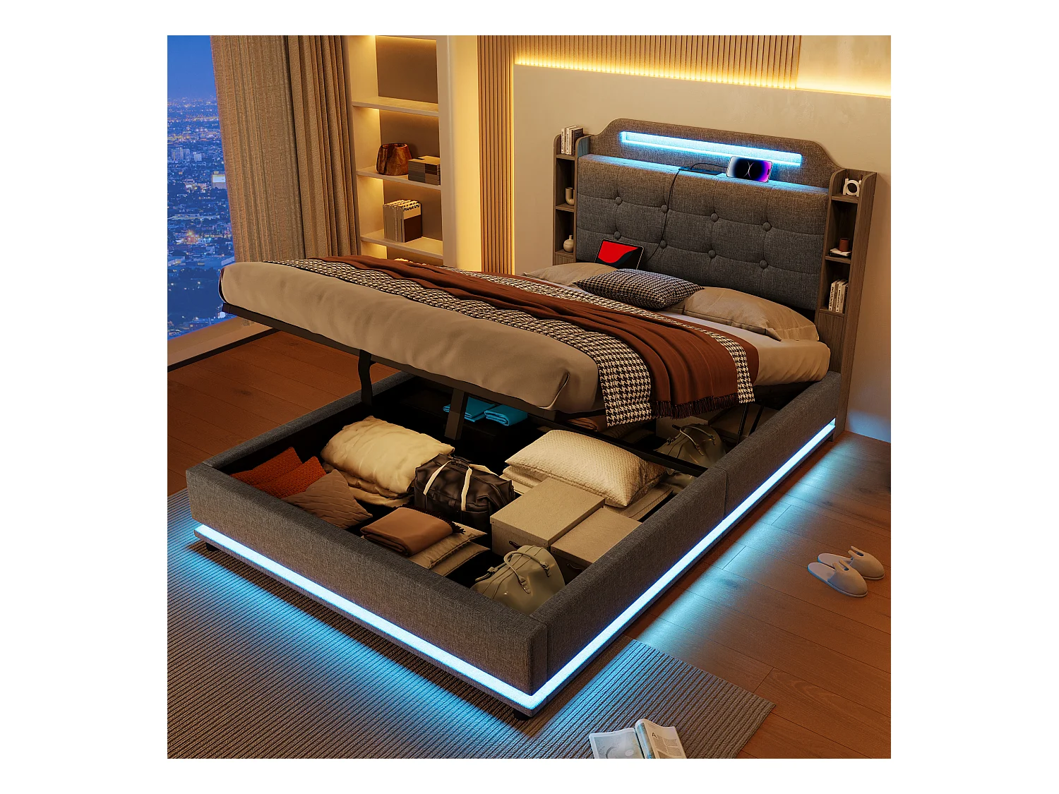 Lit coffre rembourré - 140 x 200 cm - avec Leds + USB + TYPE-C - tête de lit avec rangements - lin - gris