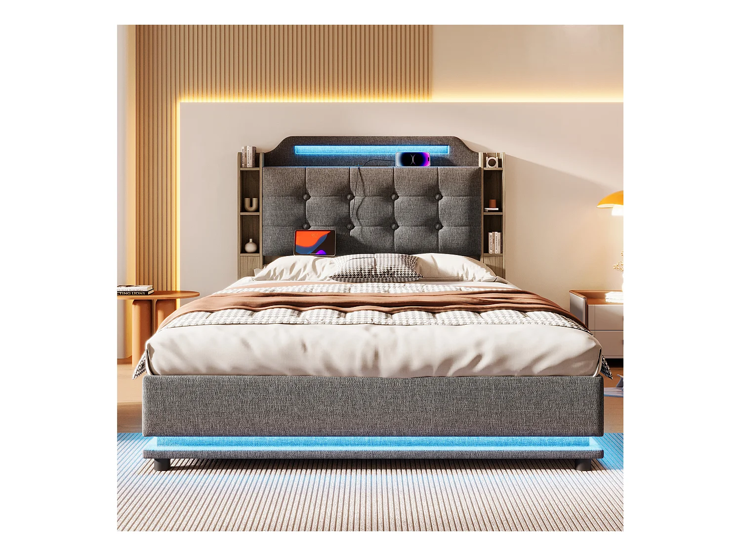 Lit coffre rembourré - 140 x 200 cm - avec Leds + USB + TYPE-C - tête de lit avec rangements - lin - gris