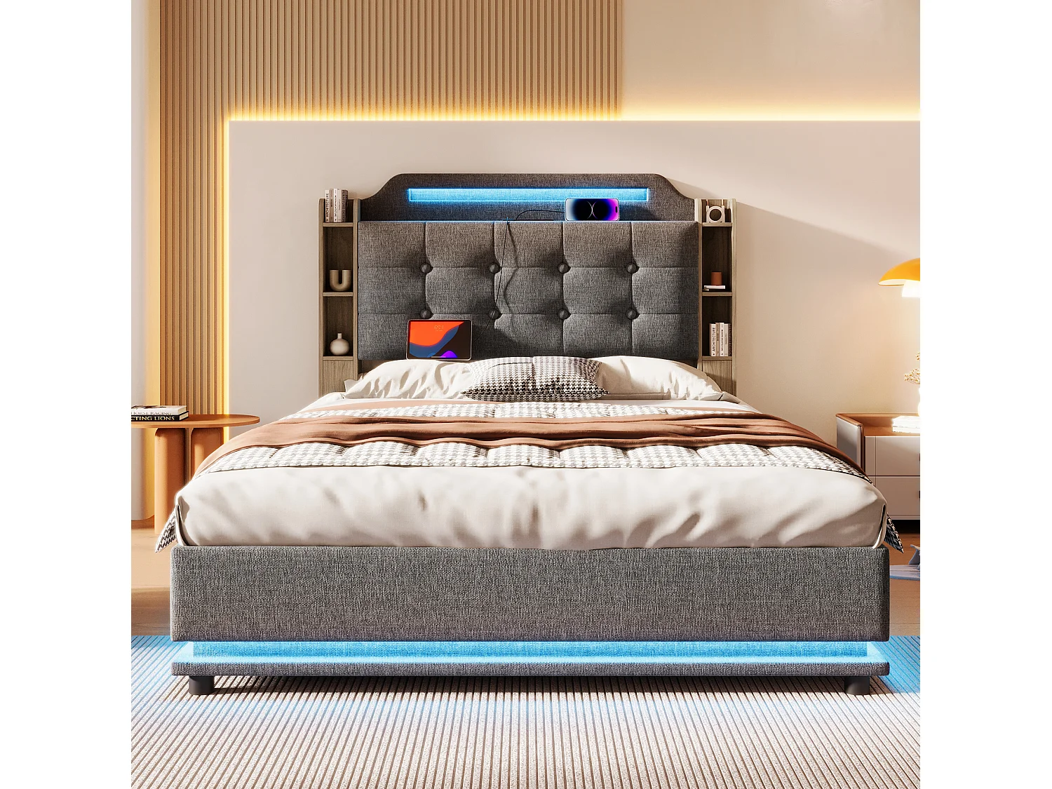 Lit coffre rembourré - 140 x 200 cm - avec Leds + USB + TYPE-C - tête de lit avec rangements - lin - gris