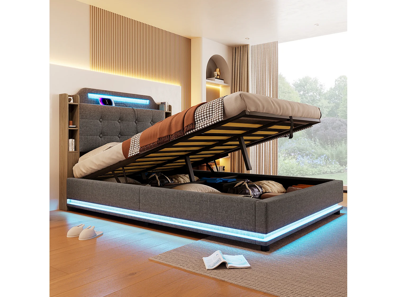 Lit coffre rembourré - 140 x 200 cm - avec Leds + USB + TYPE-C - tête de lit avec rangements - lin - gris