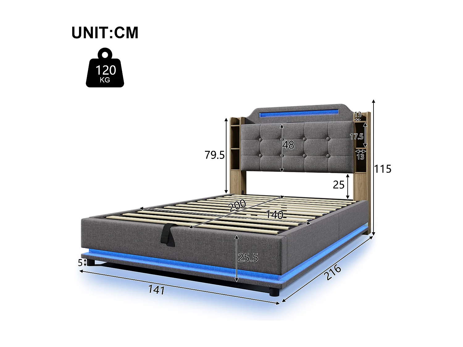 Lit coffre rembourré - 140 x 200 cm - avec Leds + USB + TYPE-C - tête de lit avec rangements - lin - gris