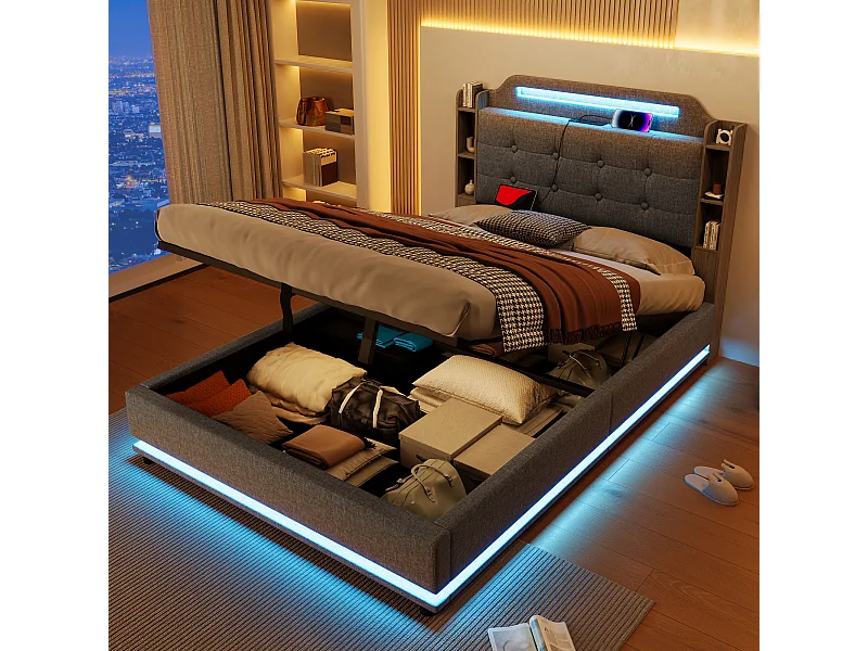 Łóżko tapicerowane ze schowkiem - 140 x 200 cm - z diodami LED + USB + TYPE-C - zagłówek ze schowkiem - len - szary
