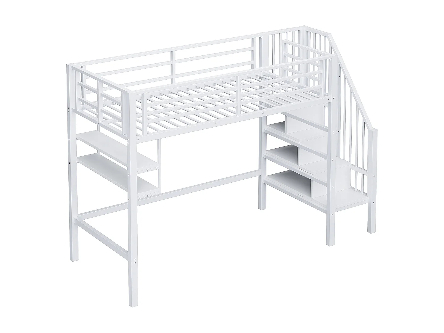 Kinderhochbett - 90 x 200 cm - mit Ablageböden und Leiter - Metall + MDF - weiß