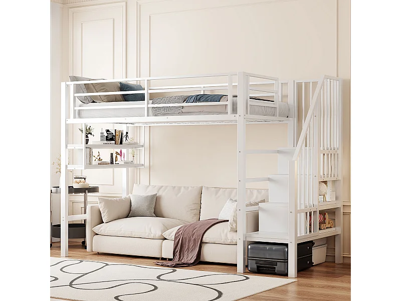 Kinderhochbett - 90 x 200 cm - mit Ablageböden und Leiter - Metall + MDF - weiß